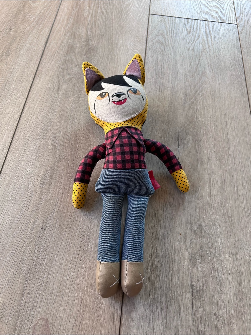 Folk Art Handmade Fabric Cat Doll Red Plaid Denim Polka Dot Artsy Western Praire